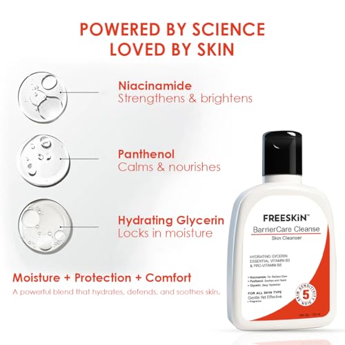 Image of Freeskin BarrierCare Cleanse Face Cleanser | Hydrating Glycerin, Niacinamide (Vitamin B3) & Panthenol (Pro-Vitamin B5) | Deep Hydration, Radiant Glow & Gentle Cleansing | For All Skin Types | 125ml