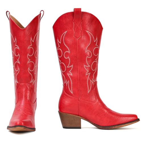 Image of IUV Cowboy Boots For Women Western Cowgirl Boots Mid Calf Snip Toe Boot With Chunky Heel