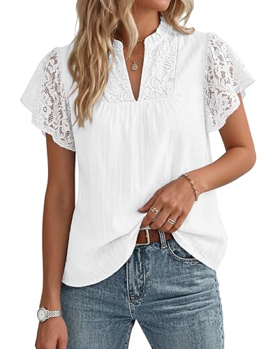 GRACE KARIN Womens Lace Short Sleeve Tops Summer Dressy Casual Cotton Blouses Flowy V Neck Dress Shirts Trendy Clothing 2026, White, Large