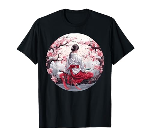 Japanese Samurai Girl Vintage Retro Sakura Cherry Blossom Camiseta