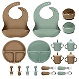 JELLDJK Silicone Baby Feeding Set, 18PCS Baby Led Weaning Supplies, Eating Essentials Utensils with Suction Plate and Bowl, Adjustable Silicone Bib, for 6+ Months (Green+Brown)