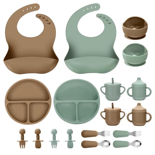 Image of JELLDJK Silicone Baby Feeding Set, 18PCS Baby Led Weaning Supplies, Eating Essentials Utensils with Suction Plate and Bowl, Adjustable Silicone Bib, for 6+ Months (Green+Brown)