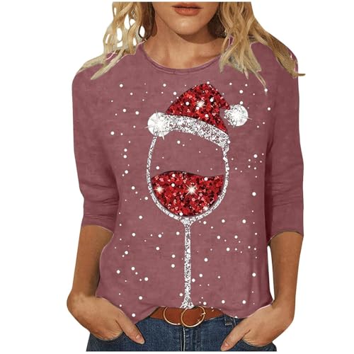 T-shirt Noël manches 3/4 imprimé verre de vin rouge en maille douce et fluide
