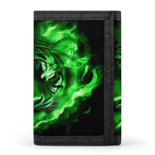 CFZZNYESQF Fold Cool Tiger Head Green Fire Art Wallets for Unisex, Trifold Wallet with Multiple Card Slots And ID Pockets, Slim Wallet for Outdoor Travel