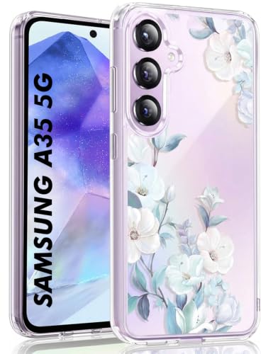 Image of VONZEE Clear Transparent Flower Case Compatible with Samsung Galaxy A35 5G, Shockproof Floral Design PC+TPU Back Cover, Camera Protection Slim Protective Phone Case for Women & Girls, Blue