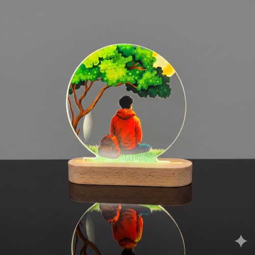Image of Personalized Couple Photo Acrylic LED Lamp | Custom Romantic Night Light with Floral Artwork & Wooden Base | Anniversary, Wedding, Engagement, Valentine's Day Gift (Design 3)