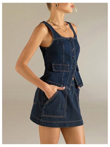 MakeMeChic Women's Denim Tops Square Neck Button Down Sleeveless Going Out Y2k Jean Tank4