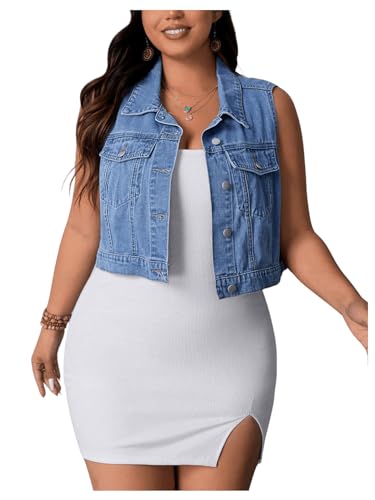 MakeMeChic Women's Plus Size Denim Vest Button Down Flap Pocket Jean Sleeveless Collar Crop Jacket Cowgirl Outfits