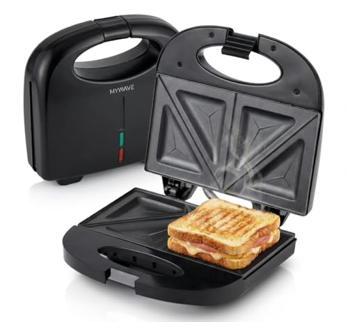 My Wave - Appareil à croque-monsieur - Puissance de 750 W - Pour tout type d'aliments - Ouverture à 90° - Grille électrique avec plaques antiadhésives - Dimensions : 22,5 x 14 cm - Noir