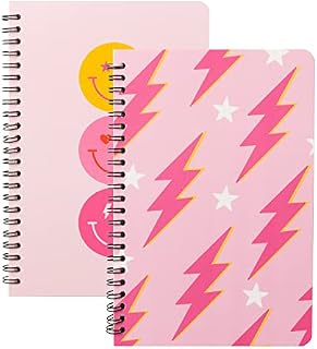 A1DIEE 2Pcs Preppy Pink A5 Spiral Notebooks Groovy Boho Hippie Wirebound Journal Lightning Smile Face Stars Metallic Wirebound Notepads for Girls Women School Office Diary Supplies, 50 Lined Pages