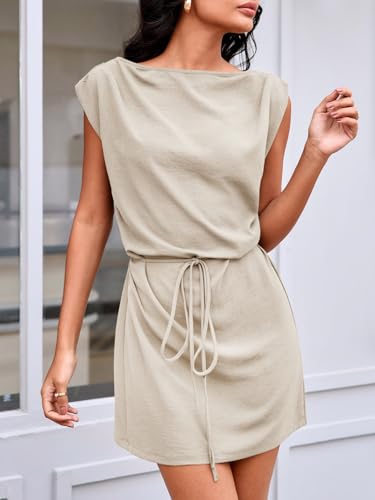 Image of Wenrine Womens 2026 Summer Mini Dress Casual Sleeveless Tie Waist Loose Ruched Beach Vacation Short Sundresses