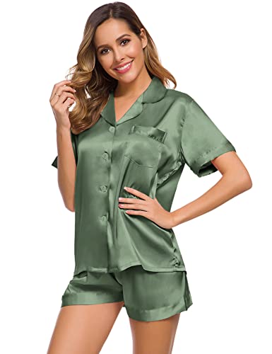 Image of SWOMOG Womens Silk Satin Pajamas Set Short Sleeve Sleepwear Button Down Top and Shorts Loungewear 2 Piece Pjs Set XS-3XL