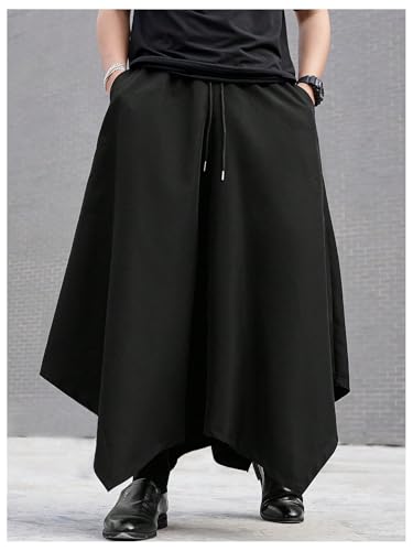 OYOANGLE Men's Skirt Pants Elastic Drawstring Waist Irregular Hem Wide Leg Trousers Loose Harem Pants3
