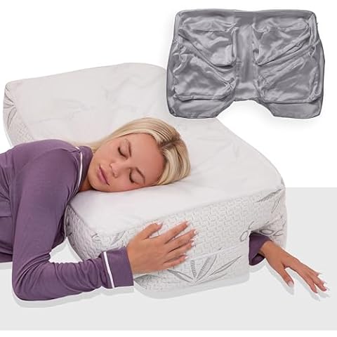 Wife Pillow Combo - Cooling Shredded Memory Foam Arm Pillow : White & Silk Mulberry Pillowcase : Dark Grey - Medium Soft Arm & Body Positioning Pillow & 100% Pure Silk Mulberry Pillowcase with Zipper Cover