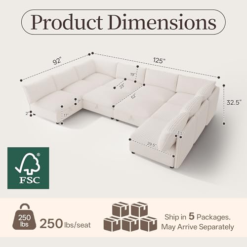 Image of Oversized Corduroy Modular Sectional Sofa Bed with Hidden Storage, Convertible L U Sleeper Couch, 10-Seat Modular Sofa Free Combination with Ottoman & Removable Covers for Living Room, White