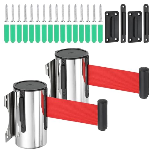 Image of PATIKIL Fixed Wall Mount Retractable Belt Barrier, 2 Pcs 16.4 Feet Fixed Retractable Belt Barrier with Steel Case for Crowd Control Grocery Retail Store Stadium, Silver Tone/Red