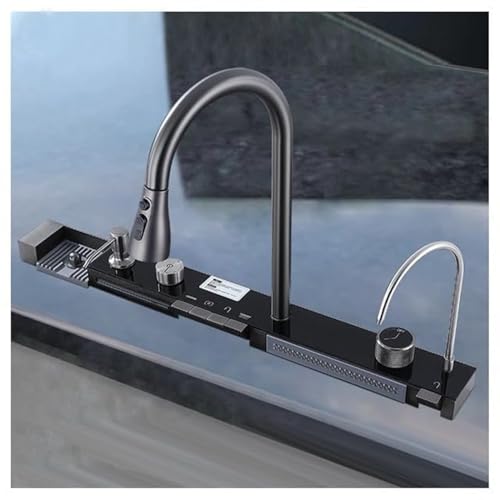 Image of COOTER 30 inch x 18 inch x 9 inch Fully Equipped Kitchen Sink with Integrated Waterfall and Pull-down Faucets with 304 Grade Stainless Steel Nano Black Finish Sink with LED Pannel and Digital Display (PIANO)