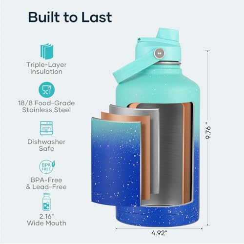 Image of BUZIO 64 oz Insulated Stainless Steel Water Bottle with Dust-proof Lids