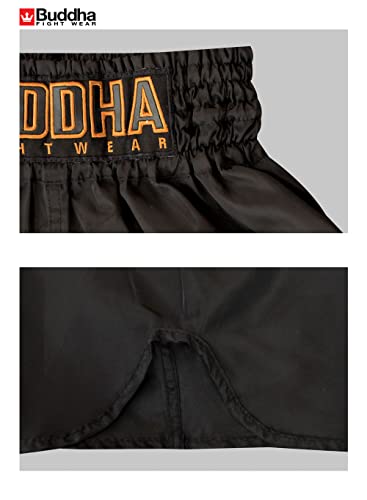 Foto von Buddha Fight Wear – Traditionelle Muay-Thai-Shorts der Alten Schule – Nylon – schnell trocknend – europäisches Standardmuster – tolle Anpassung an die Morphologie jedes Kämpfers – Schwarz + Gold – XL