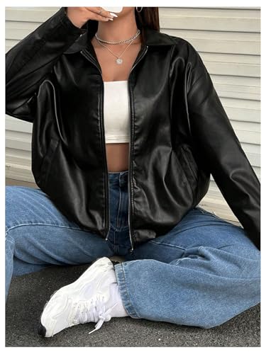 Women's Plus Size Faux Leather Jacket Zip Up Oversized Bomber Jackets Long Sleeve Motorcycle Coat Outwear with Pocket3