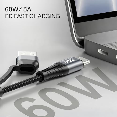 Image of boAt FlexiCharge 200 Cable with 2-in-1 Connectivity Type-C to Type-C + USB-A; 60W PD Fast Charging, 480 Mbps Data Sync, 1.2 m,10000+ Bends Lifespan, For Apple, OnePlus, Android, Laptop (Carbon Black)