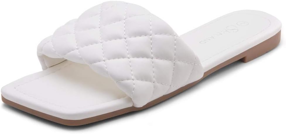Shoe LandWomens Anisha Flat Sandals Fashion Slides Square Open Toe Quilted Single Band Dressy Sandal Slip on Slippers for Summer Daily Prom Party, White, Size 7.0