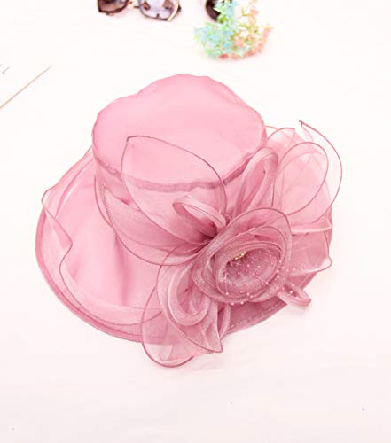 Ellydoor Women Kentucky Derby Fascinator Hat Organza Church Wedding Hat Wide Brim Cocktail Tea Party Hat Pink #TOP4