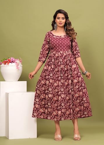 Image of Maternity Feeding Kurti for Women | Cotton Blend Anarkali Dress with Nursing Zip for Pre & Post Pregnancy