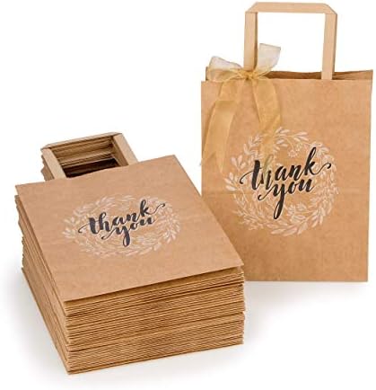 OSpecks Medium Size 8x4.75x10 inch Paper Bags, 50 Count, Thank You Gift Bags Bulk with Handle (No Bow or Ribbon), Brown Kraft Paper Bags for Retail Shopping, Wedding, Goodies, Merchandise for Customers or Guests