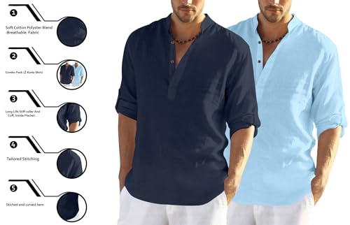 Image of FINIVO FASHION Men's Cotton Blend Solid Full Sleeve Combo Short Kurta Shirt, Regular Fit Solid Pattern Mandarin Collar Straight Kurta Shirt