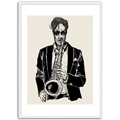 Décoration murale musicale saxophoniste cadre blanc affiche 50x70