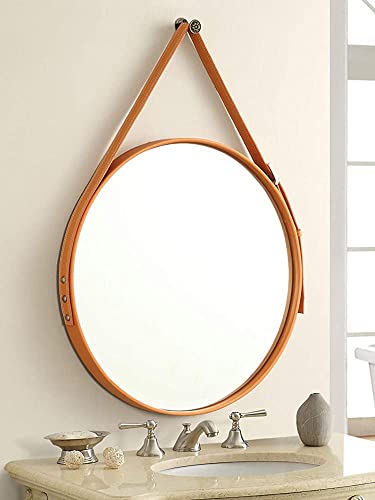 Omoons Elegant Round Hanging Wall Mirror, Circle Mirror Leather Strap And Frame For Entryway Bathroom Living Room #TOP23