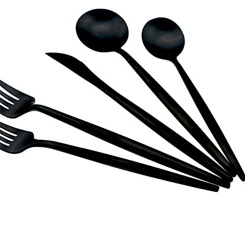Jashii 18/10 Stainless Steel 20-Piece Matte Black Flatware Set ,Dinner Knife Fork Salad Fork Dessert Spoon , Service For 4 , Luxury Silverware Cutlery Utensil Sets #TOP4
