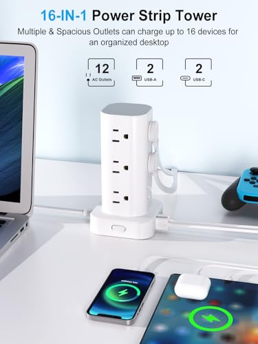 Power Strip Tower with Multiple Outlets, Flat Plug Surge Protector Tower Extension Cord with 12 AC Outlets 4 USB Ports (2 USB C), 6FT Cord Power Tower Surge Protector for Home Office Dorm Room, White - Thumbnail 2
