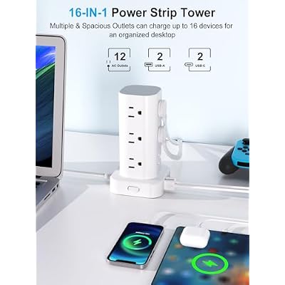 Power Strip Tower with Multiple Outlets, Flat Plug Surge Protector Tower Extension Cord with 12 AC Outlets 4 USB Ports (2 USB C), 10FT Cord Power Tower Surge Protector for Home Office Dorm Room, White