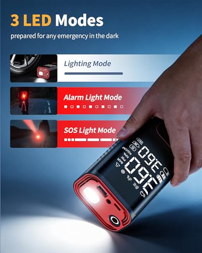 Image of Powools Cordless Tire Inflator 150PSI Portable Air Compressor with Auto Shutoff, Air Pump for Car Tires, Motorcycle, Bike, Balls, Inflatables, LED Light, Red, Standard Capacity