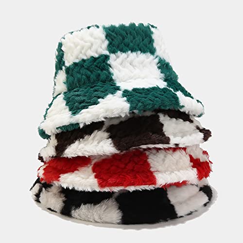 Winter Plaid Bucket Hat Faux Fur Fluffy Plush Fisherman Cap For Women Men Teens Girls Warm Cloche Hats (Green Plaid), One Size #TOP6