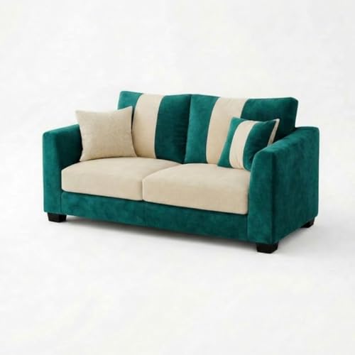 Image of Revo Plush Comfort Sofa Set | 3 Seater + 2 Seater with Ottoman | Luxury Velvet Suede Fabric | Modern Living Room Sofa | Green Teal - Cream