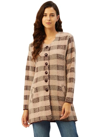 Image of Pivl Acrylic Blend Women Pink Button Closure Long Round Neck Sweater For Winter XL
