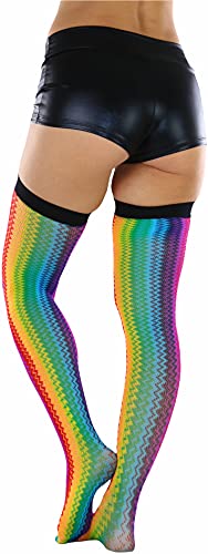 Image of ToBeInStyle Women's Rainbow Bright Multicolor Nylon Thigh High Stockings