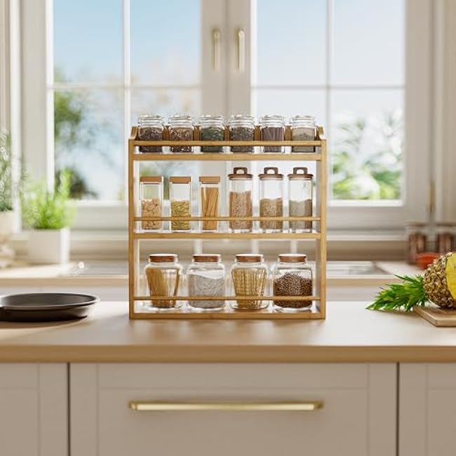 Spice Rack Wall Mounted, Spice Organizer for Counter, Bamboo Spice Storage Holder for Kitchen Cabinet, Pantry (Spice Jars Not Included, Natural)