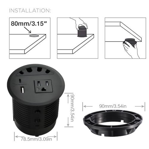 Image of Recessed Power Grommet, with 33W Fast Charging USB-A+C, with 1 AC Power Outlet and 4.5FT Extension Cord Recessed Power Outlet for Conference Rooms, Office Tables, Furniture (black2)