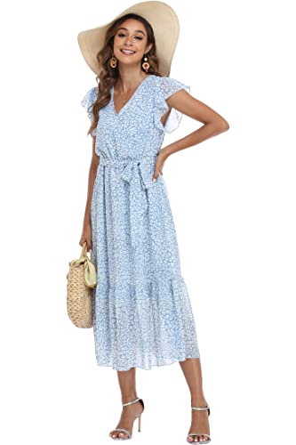 Image of VintageClothing Womens Sundress Casual Floral Summer Boho Dress | Flowy Wrap V Neck Ruffle A-Line Pleated Hem Midi Dresses