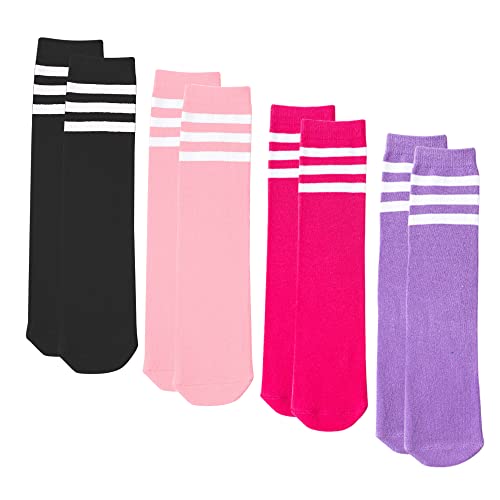 UTTPLL 4 Pairs Toddler Soccer Socks Kids Girls Boys Baseball Sports Socks Uniform Stripes Knee High Long Tube Socks Black,Pink,Rose Red,Purple