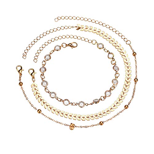 Newdiva Three-Layer Anklet Bracelet with Leaves Accessories MultiLayer Bead Chain Summer Barefoot Beach Foot Jewelry for Women Girls (Gold)