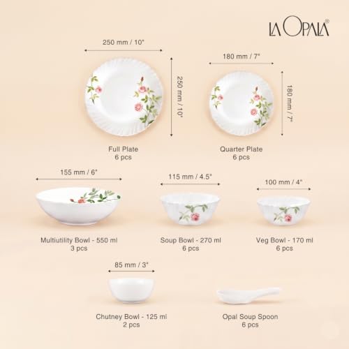 Image of La Opala Novo Opalware Dinner Set, 35 Pcs for Family of 6, Rose Garden
