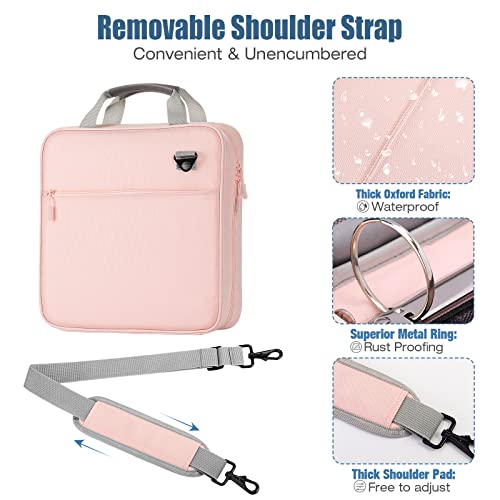 Moko Zipper Binder, 3 Ring 2 Inch Binder With Zipper,500 Sheet Capacity Multi-Pocket School Binder For Middle School, Handle And Shoulder Strap Included, Pink & Gray #TOP3