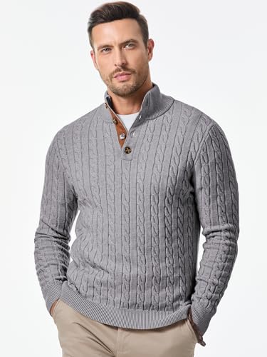Image of JMIERR Men's Cable Knit Pullover Sweater Casual Long Sleeve Stand Collar Button Knitted Sweaters