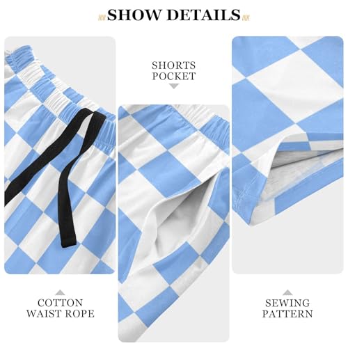 Men's White and Blue Checkered Pajama Shorts with Pocket and Drawstring S4