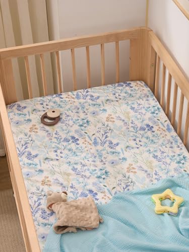 Image of TILLYOU 2 Pack Muslin Crib Sheets for Boys and Girls, 100% Cotton Fitted Crib Sheet for Toddler 52 inchx28 inch Standard Crib Mattress, Blue Flower